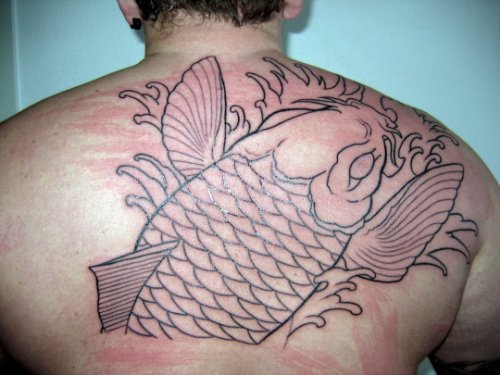 Grey Ink Carp Fish Tattoo On Upperback